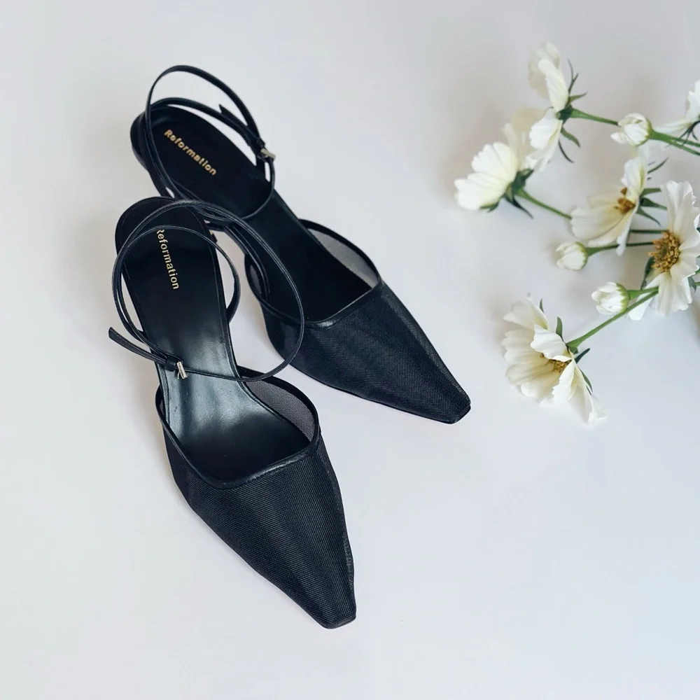 Reformation Natasha Ankle Strap Mesh Pump Heel Shoe Black - Picture 2 of 8